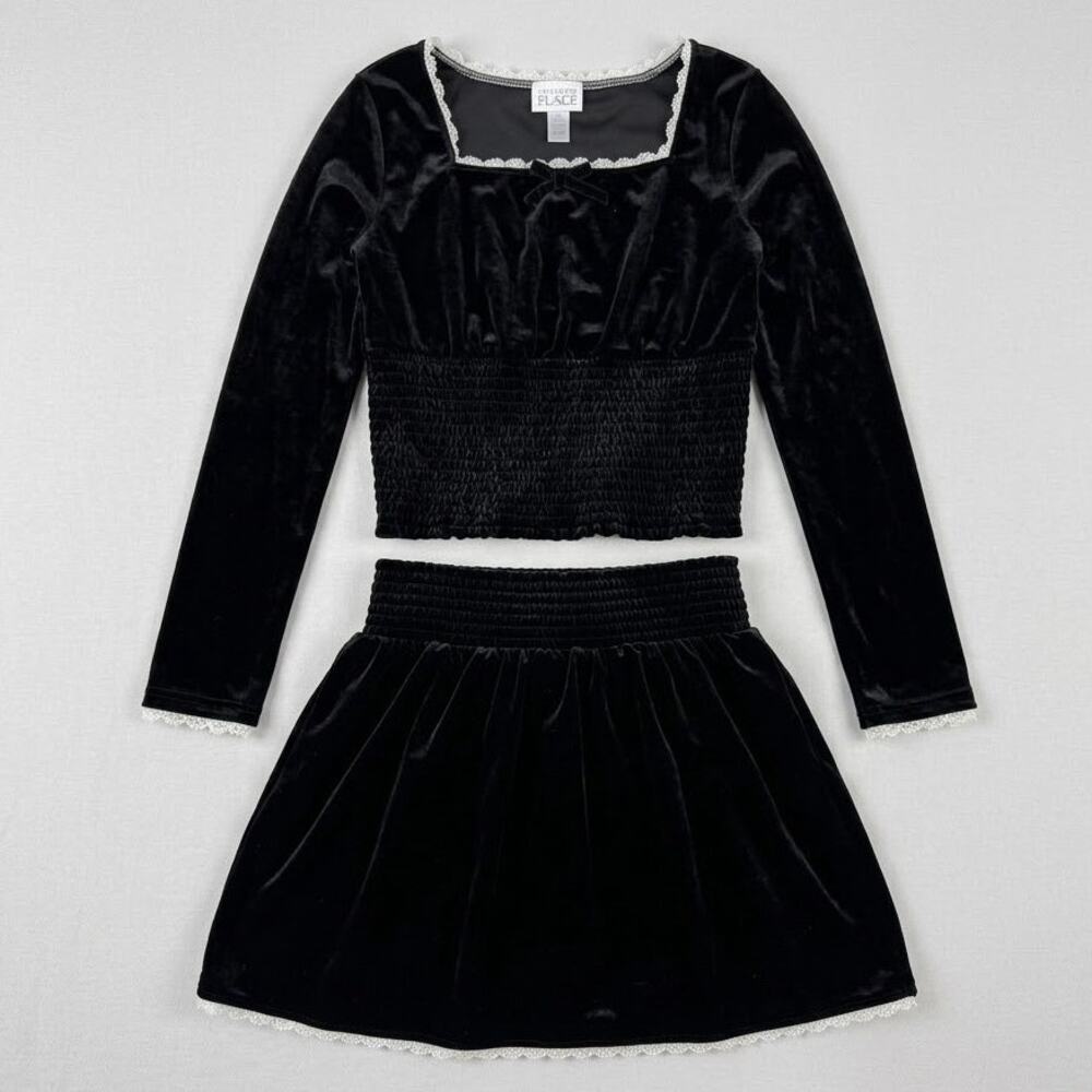 Black Velvet Lace Trim Smocked Crop Top Skirt Set Holiday Party 14